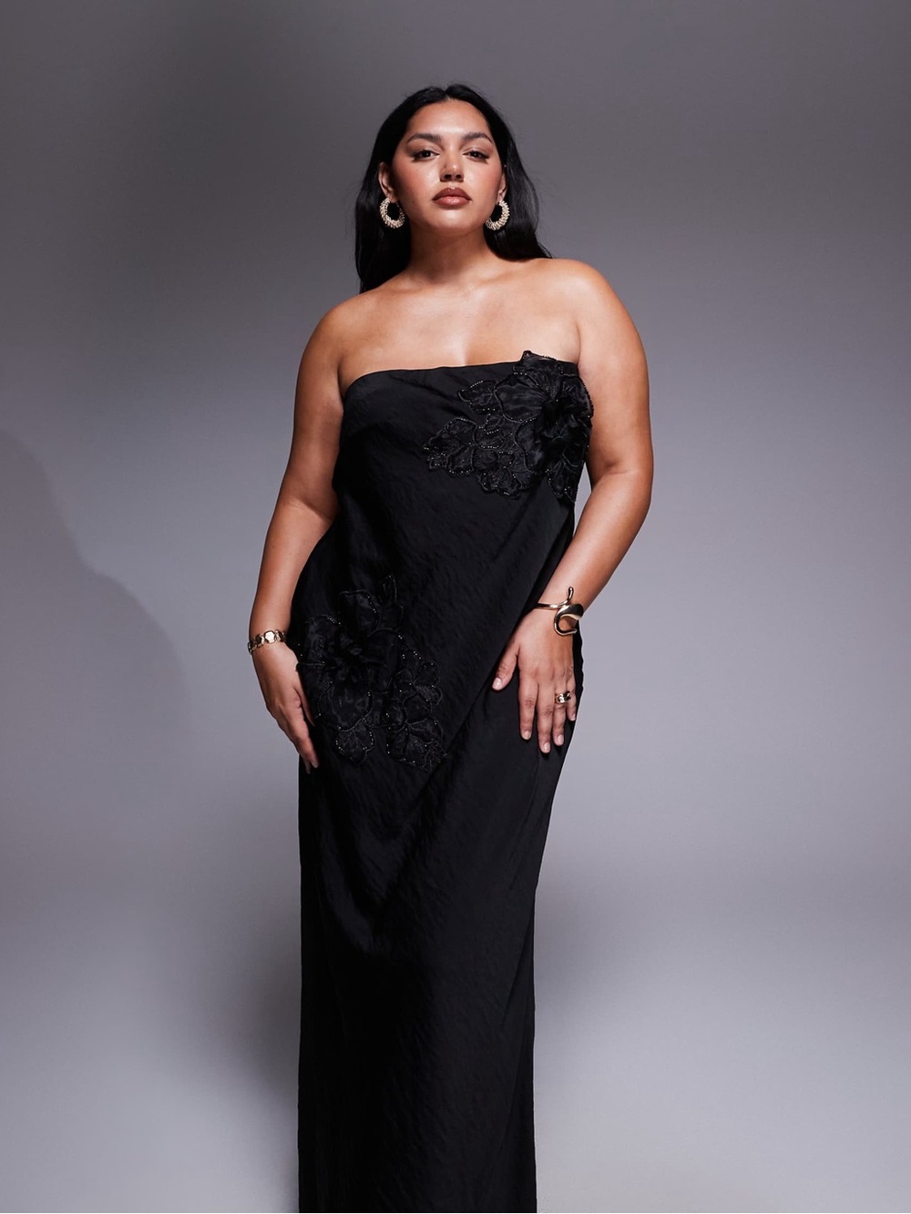 ASOS Black Strapless Column Gown with Floral Appliqué - Picture 4 of 4